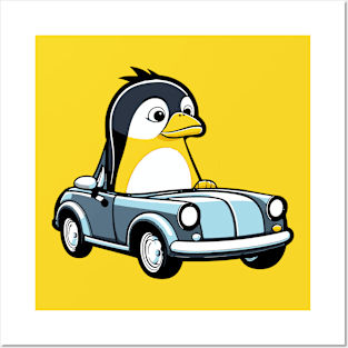 Cute Cartoon Penguin in a Car Posters and Art